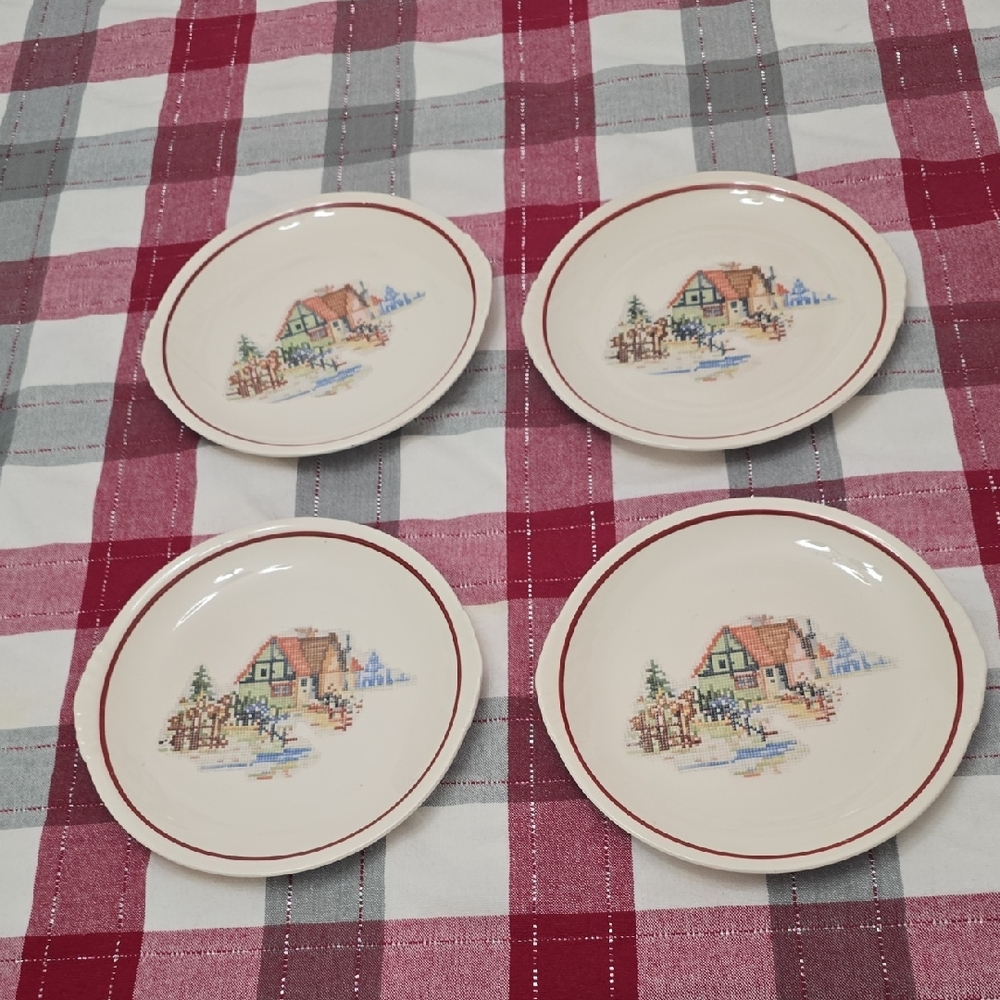 Vintage Paden City Pottery Set Of 4  Petit Point House Plates 8.5" Made In USA